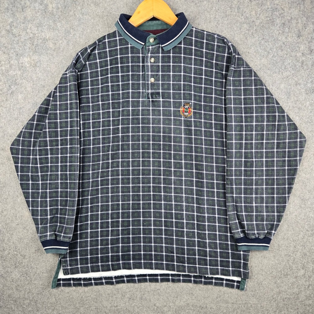 Vintage Ivy Crew Plaid Rugby Shirt Mens XL Green Long Sleeve Crest Logo 90s